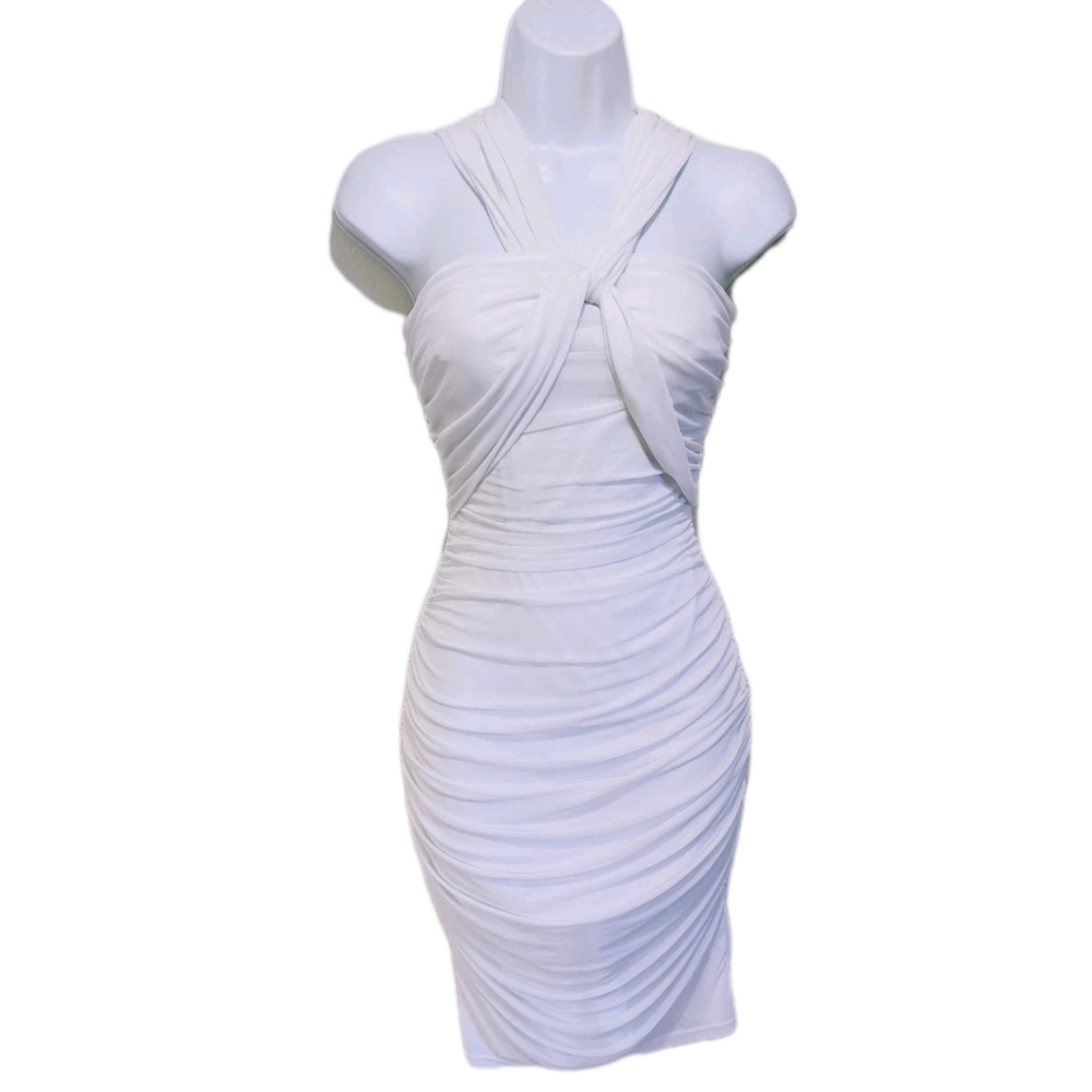 NWT Kate Kasin Bodycon Ruched Dress S White Dressy Roman Whimsical #1
